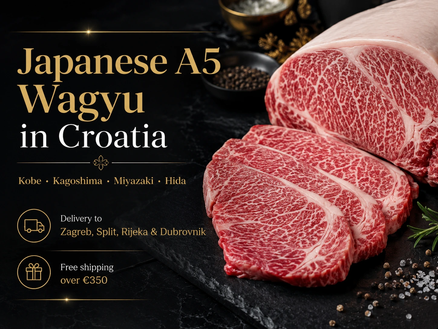 Japanese A5 Wagyu beef delivery in Croatia with DHL cold-chain shipping, free shipping over €350 and secure payments